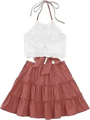 [LYANER] Women's 2 Piece Outfits Summer Lace Halter Cami Crop Top with Floral Mini Skirt Set