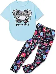 [Gaupafmb] Girls Clothes, Teen Girl Clothes Sweetie-Girl Print Short Sleeve Tops Tie Dye Long Pants 2 PC Sweatsuits Set 6-14, Baby Blue&tie-dye, 11-12 Years