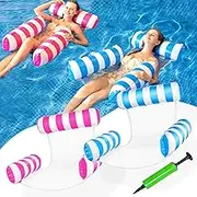 Qcdou Air Mattress Pool, 2 Pieces Water Hammock, 4-in-1 Lounge Chair, Air Mattress with Net, Swimming Mattress, Beach Lounger, Inflatable Suitable for Swimming Pool, Beach, Summer Party (Blue/Pink)