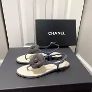 NEW Chanel Blue/Gray/Beige Denim Camelia Flat Sandals IT40/US9.5-10