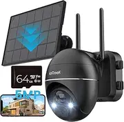[ieGeek] 5MP Security Camera Wireless Outdoor with 64G Card, Solar IP Camera PTZ 360° with Spotlight and Siren, 2.4Ghz WiFi Cameras, Color Night Vision, Work with Alexa, PIR, 2-Way Talk, IP65, Black