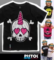 Water Pistol Boutique Kids Boy Girl UNICORN SKULL CROSSBONES HEART Black T-shirt