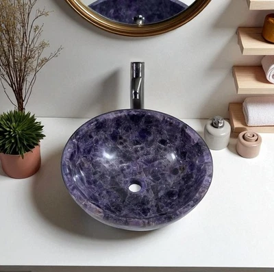 18" Natural Amethyst Gemstone Sink – Handcrafted Crystal Stone Vanity Sink Decor