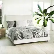 Bed Base Frame Upholstered Linen Fabric w/Cushioned Headboard Off White (Queen)