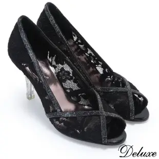 【Deluxe】婚鞋首選優雅性感透膚蕾絲水鑽魚口跟鞋(黑☆白)