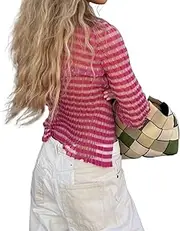 [Generic] Ladies' Trendy Cinched Waist Striped Shirt with Lace-Up Front and Long Sleeves Top