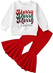 [Generic] Mew Born Toddler Girls Christmas Long Sleeve Letter Prints T Shirt Tops Pullover Bell Bottoms Flare Pants Outfits Girls Outfits Size 5 (White, 3-6 Months)