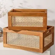 Home Storage Container Solid Wood Vintage Rattan Box Crate Multifunctional Rack