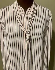 White House Black Market Womens Blouse 10 NEW Pink Black Stripe Tie Long Sleeve