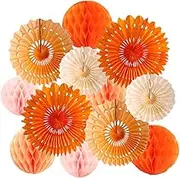12pcs 6’’ 8’’ Honeycomb Balls Tissue Paper Fans Party Honeycomb Ball Fans Wall Tissue Pom Poms Flower Balls Hanging Paper Fans for Party Baby Shower Birthday Wedding Nursery Wall Decor(Orange kit)