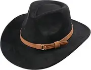 [CZCMYAU] Western Cowboy Hat for Men Women Wide Brim Felt Jazz Hat with Ribbon Classic Cowgirl Hats with Belt for Outdoors Black