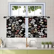 Renaiss 26 x 30 Inch Black Floral Blackout Kitchen Curtains Farmhouse Country Linen Tier Curtains Bohemian Cafe Small Drapes Farmhouse for Bathroom RV Camper Light Filtering Rod Pocket 2 Panels