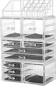 Sooyee Makeup Organizer,Make Up Organizer Stands,Acrylic Makeup Storage 10 Makeup Drawer Organizer for Bathroom, Dresser, Vanity Accessories or Countertop,Clear,4 Pieces Stackable