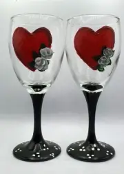 Hand Painted Red Heart & White Roses Wine Glasses set of 2