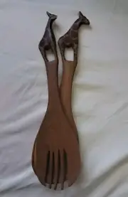 Hand Carved Wooden Giraffe Salad Spoon/Fork Serving Set. Safari. Unique Gift.