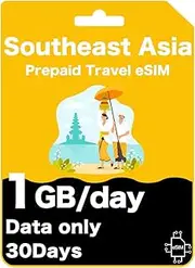 South East Asia Prepaid Travel eSIM Card - 1GB/Day | 15 or 30 Day Options | 5 Countries: Thailand, Singapore, Malaysia, Indonesia & Vietnam (1GB/Day (30 Days))