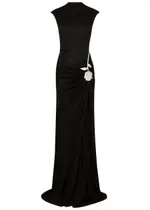 David Koma Floral-embellished Satin-jersey Gown - Black And Silver - 12 (UK12 / M) 12 (UK12 / M)