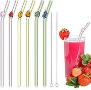 Queekay 6 Pcs Glass Straws with Design Reusable Fruit Drinking Straws 7.9in x 8mm Colorful Cute Reusable Straws Fruit Party Favors Decorations and 2 Cleaning Brushes for Summer Beach Birthday (Bent)