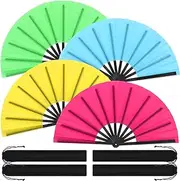 Blulu 4 Pcs Large Chinese Folding Fans for Line Dancing Big Silk Handheld Clapping Popping Fans for Men Women Foldable for Dancing Boots on The Ground(Fluorescent Color)