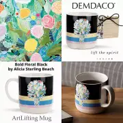NIB DEMDACO Bold Floral Black Alicia Sterling Artlifting Stoneware Mug Cup 16oz