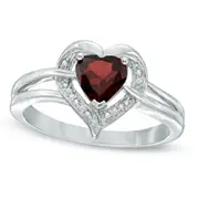 6.0mm Heart-Shaped Garnet and Natural Diamond Accent Ring in Sterling Silver