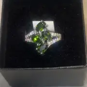 Genuine Chrome Diopside And White Zircon Rhodium Plated Sterling Silver Ring