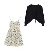 Plain Lace-Up Cropped Cardigan / Spaghetti Strap Floral Mini A-Line Dress / Set Set of 2 - Cardigan & Dress - Black & Black Floral - White - M
