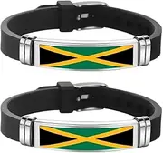 2 Jamaica Flag Stainless Steel Silicone Bracelets, Race Sport Adjustable Bracelet, One size, Stainless Steel,Silicone, no gemstone