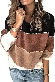[Angashion] Women's Sweaters Casual Long Sleeve Crewneck Color Block Patchwork Pullover Knit Sweater Tops