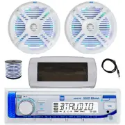 Dual Bluetooth Marine Radio, Cover, Antenna,Wire, 2x 6.5" 250W LED White Speaker