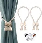 OCIOLI 2 Pack Strong Magnetic Curtain Tiebacks Curtain Holdbacks Outdoor Curtain Tiebacks Cotton Hand Woven Tie Backs Drapery Holdbacks Curtain Ties for Drapes (Beige, 2)
