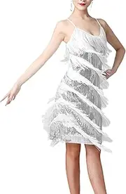 [Tadill] Women's Sequin Tassel V-Neck Rumba Ballroom Party Dress, White Argent, XL