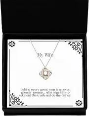 New Wife Gifts, Behind every great man is an even greater woman... who nags him, Wife Love Knot Rose Gold Necklace From Husband, Present, Gift ideas, Card, Flowers, Silver Plated Zinc, Cubic Zirconia