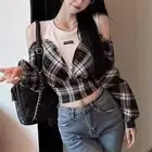 Trendy Off Shoulder Plaid Long Sleeve Top for Women in Spring and Autumn