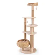 Costway 164CM Wooden Cat Scratching Post w/Dangling Balls & Hand Made Basket Bed Beige