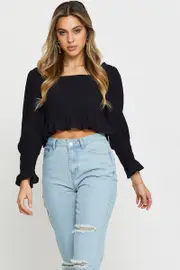 Black Peasant Blouse Long Sleeve Crop - Size 6, Women's Semi Crop