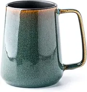 Large Ceramics Coffee Mugs,24 OZ,with Spoon and Wooden Lid,for Coffee,Tea,Cocoa,Large Handle Design,Microwave and Dishwasher Safe (24 oz Green)