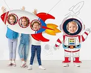 Space Photo Prop Selfie Frame Party Decor Rocket Astronaut Shaped Photo Booth Props Space Photo Background Party Supplies for Boys Girls Birthday Planet Banner Backdrop Party Sign 36.2x78.74 Inch
