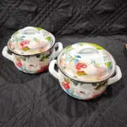 Set Of 2 Crofton 1 Qt Enameled Steel Pot Floral w/ Lid & Double Handles Cookware
