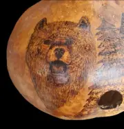 Handcrafted Gourd Birdhouse with Bear, Trees and Mountains Pyrography Burning