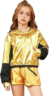 [Jxstar] Girls Metallic Hoodies Shiny Pullover Jacket Long Sleeve Sweatshirts Cropped Top Sparkly Club Wear Rave Outfits