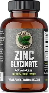 Pure Lab Vitamins Zinc Glycinate 23mg - 60 Vegi Caps - Amino Acid Salt for Better bioavailability. Immune-, Skin- and Prostate Support.
