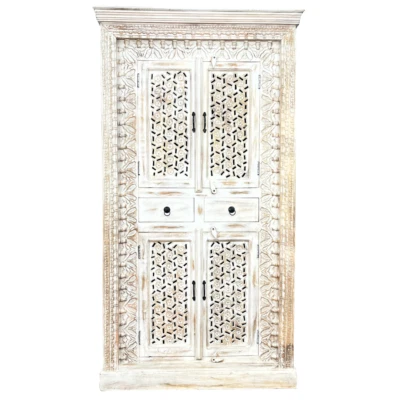 REJKA INDIAN ARTISAN CRAFTED 2 DOOR STORAGE CUPBOARD CABINET DISTRESSED WHITE