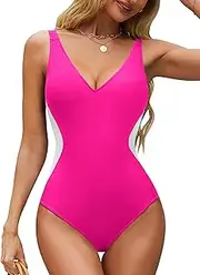 [BMJL] Women's One Piece Swimsuit Slimming Tummy Control Bathing Suit Deep V Neck Color Block Lace Up Back Swimwear