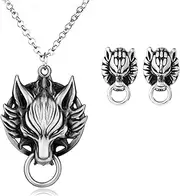[XTCZMH] Cloud Strife Necklace With Earrings FF7 Cosplay Pendant Retro Wolf Head Ear Studs for Men Prop Gifts