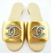 Chanel 19A Gold Laminated Lambskin CC Red Logo Slide Slip On Sandal Mule Flat 36