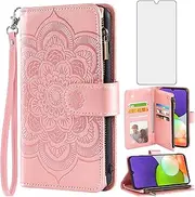 [Asuwish] Phone Case for Samsung Galaxy A22 4G 6.4 inch Wallet Cover with Tempered Glass Screen Protector and Flip Credit Card Holder Stand Cell Gaxaly M32 M22 F22 Galaxies A 22 22A G4 Women Rose Gold