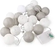 GGP 1 Set Of 20 Led Grey White 5Cm Cotton Ball Battery Powered String Lights Gift Home Wedding Party Bedroom Decoration Outdoor Indoor Table Centrepiece