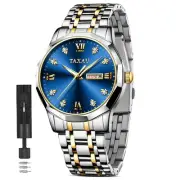 Stainless Steel Men's Dress Watch with Blue Dial, Day Date, Waterproof, Simpl...