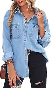 [Kedera] Women's Classic Long/Roll Up Sleeve Button Down Western Denim Snap Shirt Blouse Tops